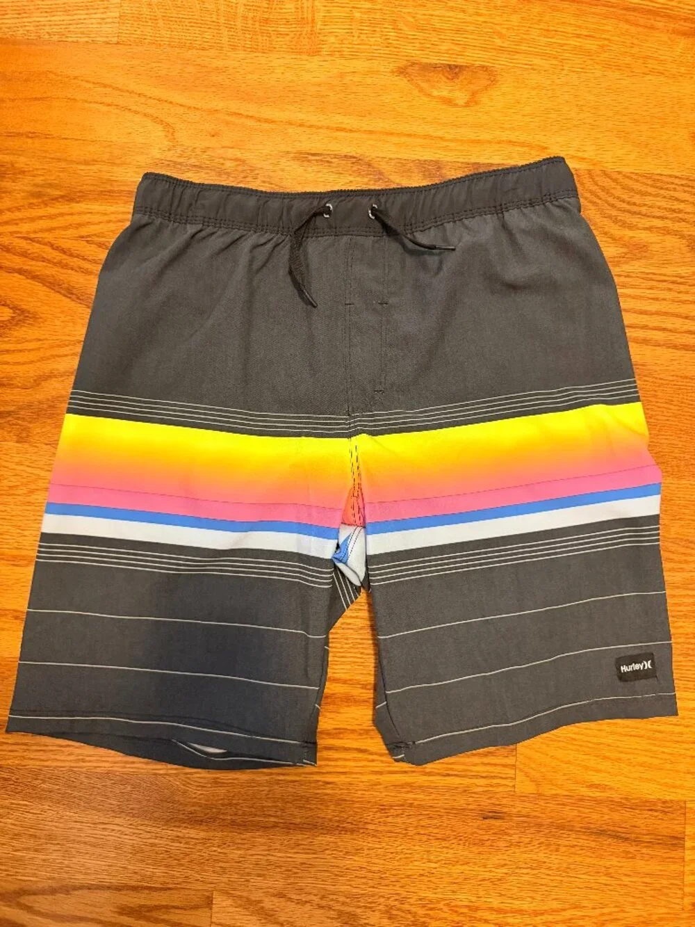 Hurley Boys Size Large L 14/16 Black Neon Striped Swim Trunks EUC